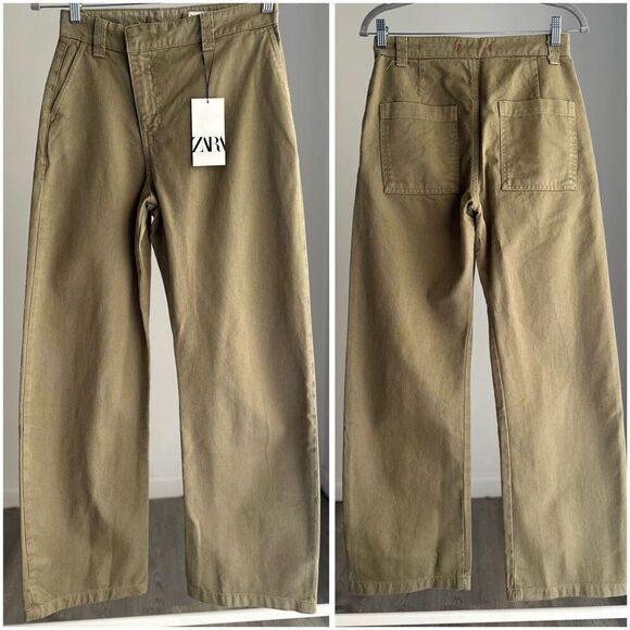 NWT ZARA WRAP CHINO PANTS ZW COLLECTION KHAKI GREEN XS - Picture 2 of 15